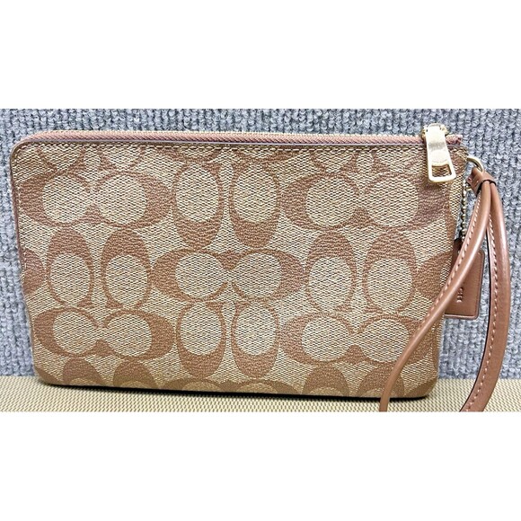 COACH Double Corner Zip Around Wristlet Brown Signature Coated Canvas - Picture 2 of 6
